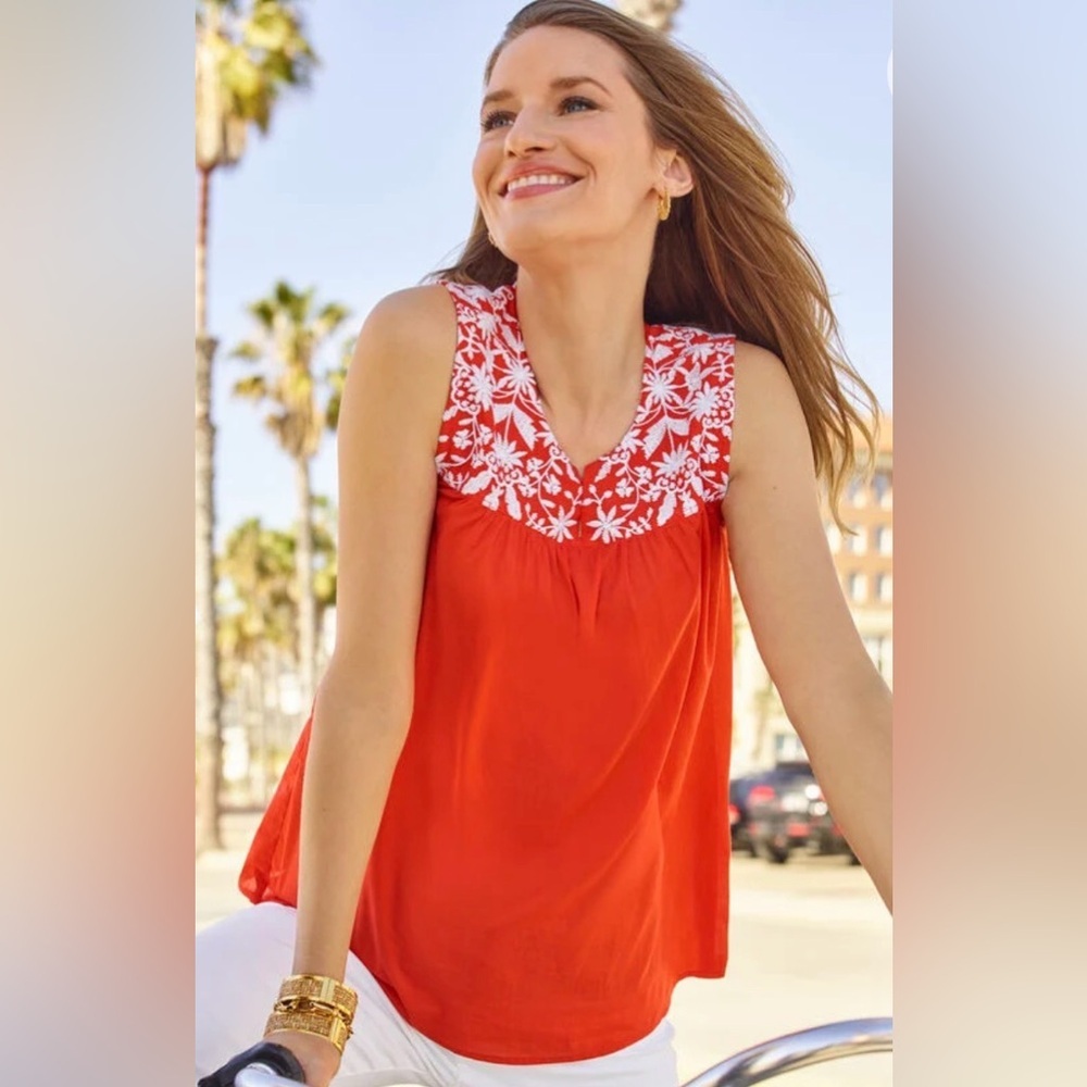 Talbots Embroidered Voile Shell Top | Coral & White | Size Large
